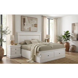 Dove white bedside table with black knob handles and smooth-