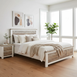 Acacia Timber Coastal Design Relaxed timber and white bed with matching bedside tables.