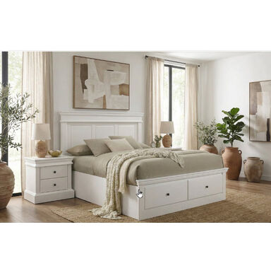 Dove white bedside table with black knob handles and smooth-