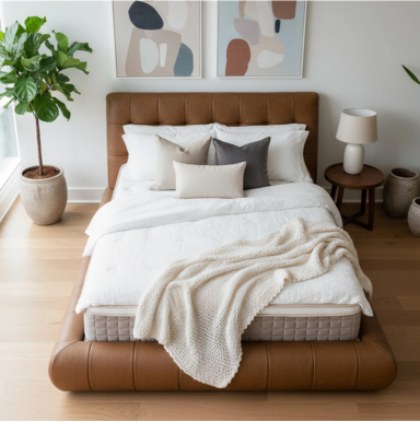 Low-profile Sophia bed in leather-look finish.