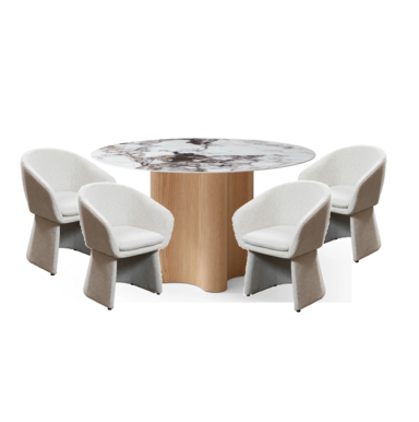 Titoni Round Dining Table with 4 Megan fabric chairs made by sam.png