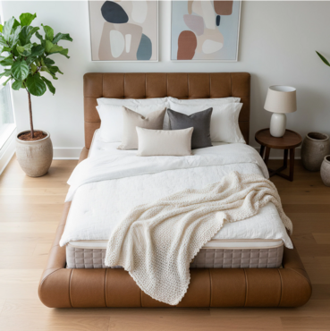 Low-profile Sophia bed in leather-look finish.